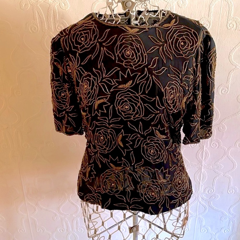 Black Silk Evening Top with All-over Floral Gold Beading